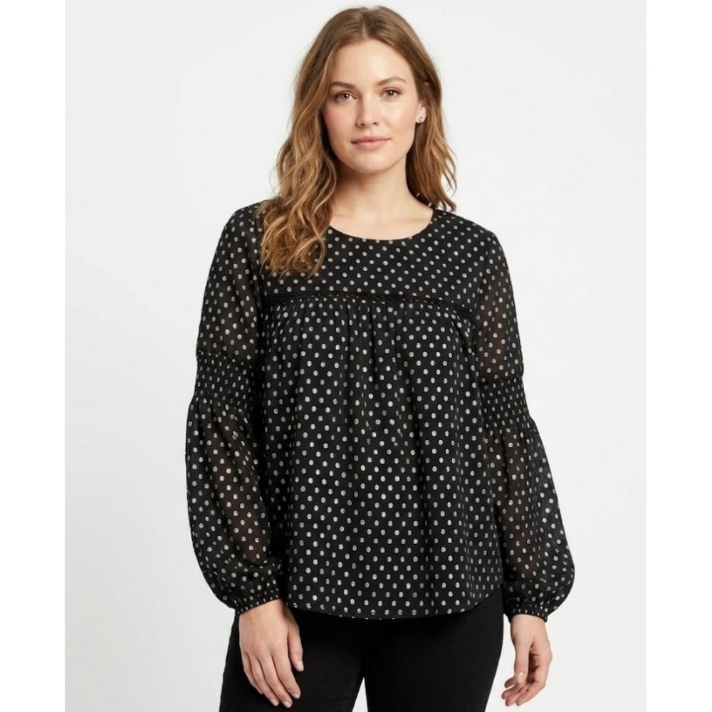 Spense Black White Polka‎ Dot Puff Long Sleeve Blouse size XL